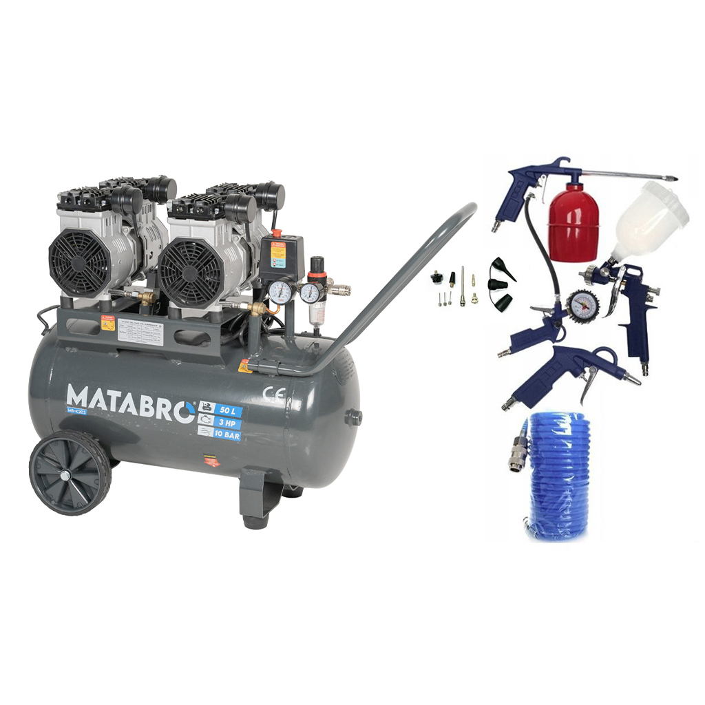 KIÁRUSÍTÁS SETMB-K203, Olajmentes kompresszor 50l, 230V, 4 dugattyús tartozékokkal | 2x1500W | Matabro