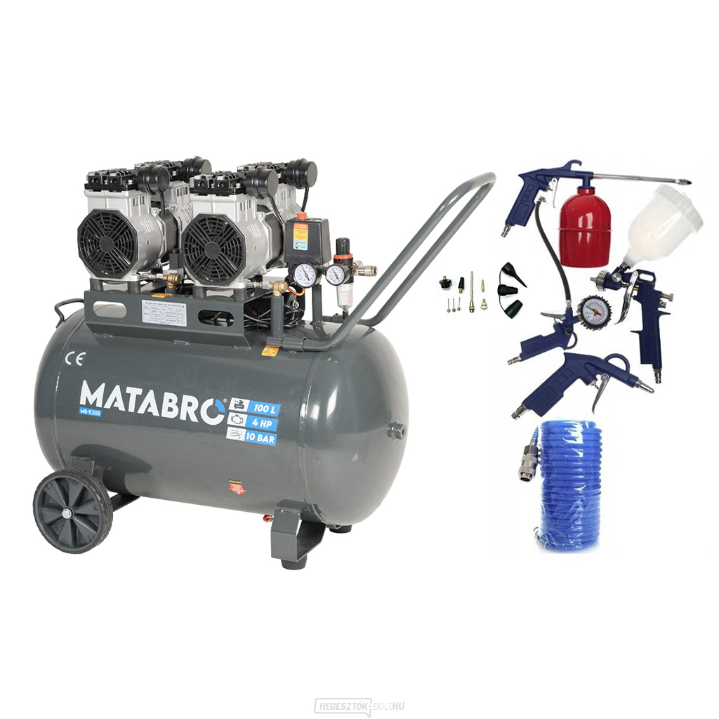 KIÁRUSÍTÁS SETMB-K205, Olajmentes kompresszor 100l, 230V, 4 dugattyús tartozékokkal | 4000W | Matabro