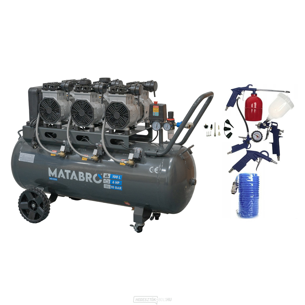 KIÁRUSÍTÁS SETMB-K206, Olajmentes kompresszor 100l, 230V, 6 dugattyús tartozékokkal | 4500W | Matabro