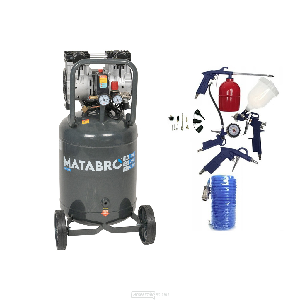 KIÁRUSÍTÁS SETMB-K207, Olajmentes függőleges kompresszor 50l, 230V, 2 dugattyús, tartozékokkal | 2000W | 10 RÚD | Matabro