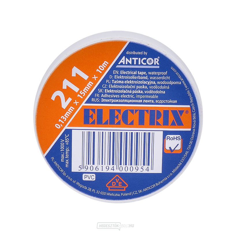 Szigetelőszalag, 15mm x 0,13mm x 10m, fehér