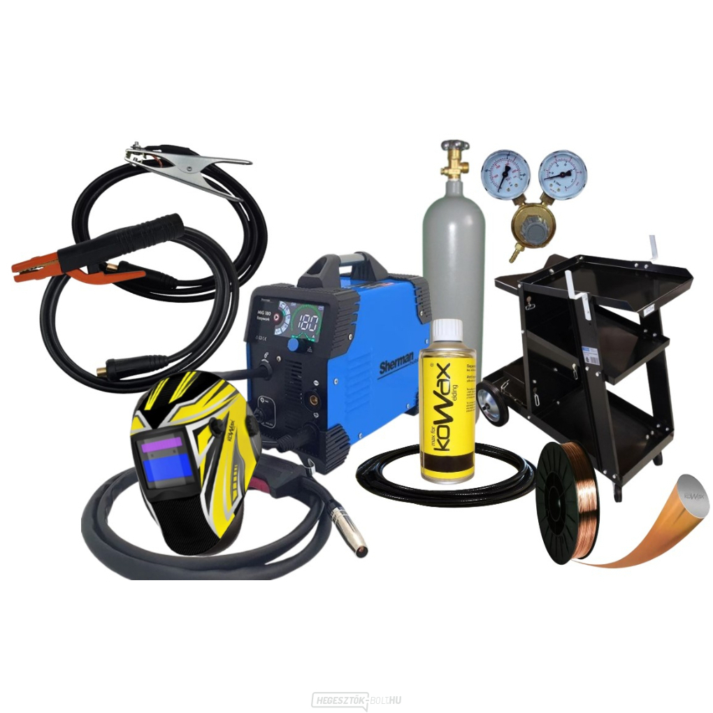 Sherman MIG 180 Easywork inverteres hegesztő + pisztoly + kábelek + sisak + nyomáscsökkentő + gurulós kocsi + huzal + szórópisztoly + teli palack
