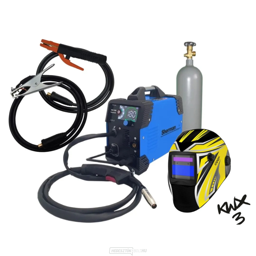 Sherman MIG 180 Easywork inverteres hegesztő + Pisztoly + Kábelek + KWX3 sisak + mágnes + Tele CO2 palack
