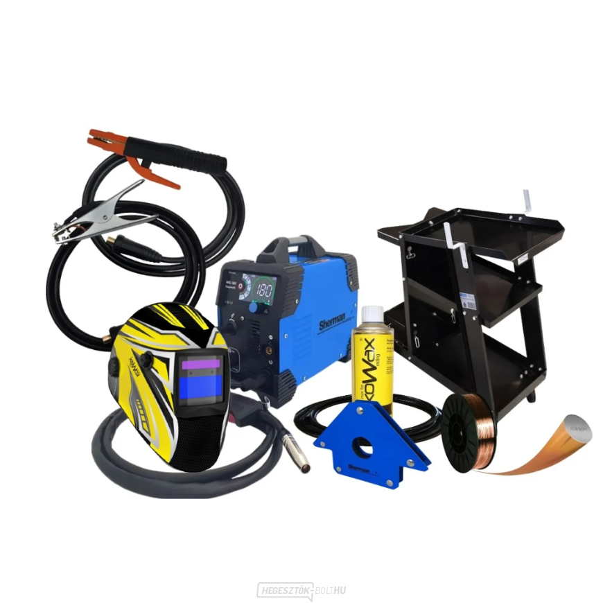 Inverteres hegesztő Sherman MIG 180 Easywork + zseblámpa + kábelek + burkolat + kocsi + spray + csővezeték + mágnes
