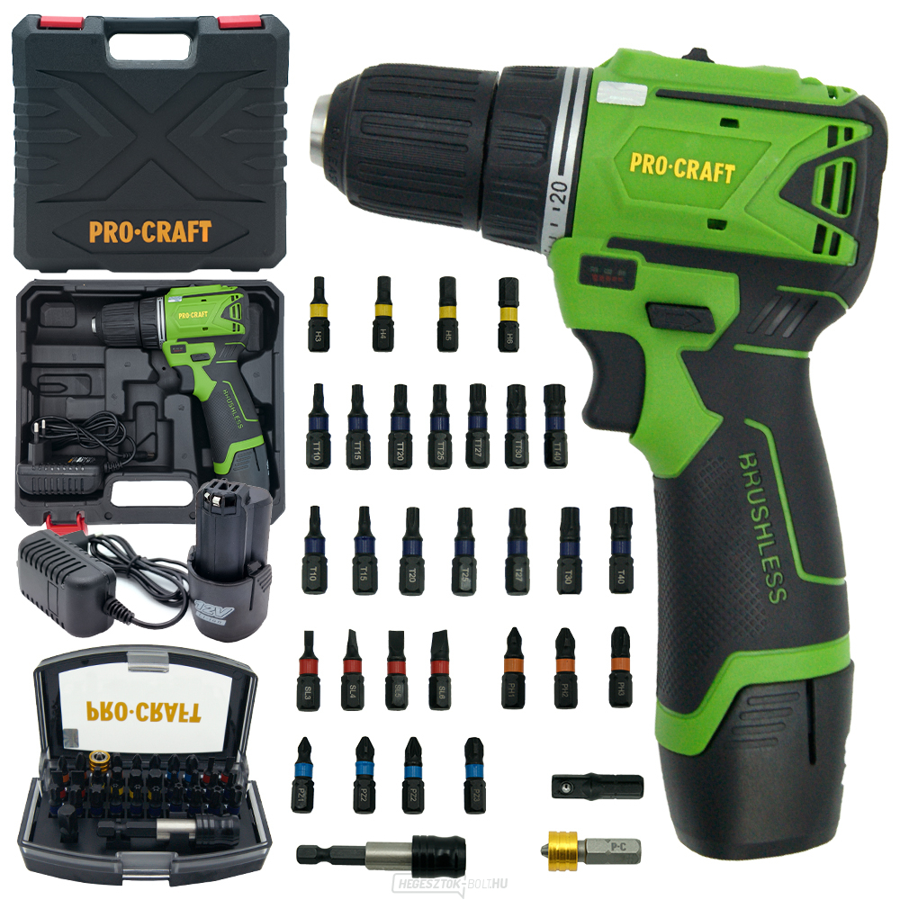 Procraft SPA12BL kefe nélküli akkumulátoros fúrógép BS-32 bitkészlettel | SPA12BL/BS-32