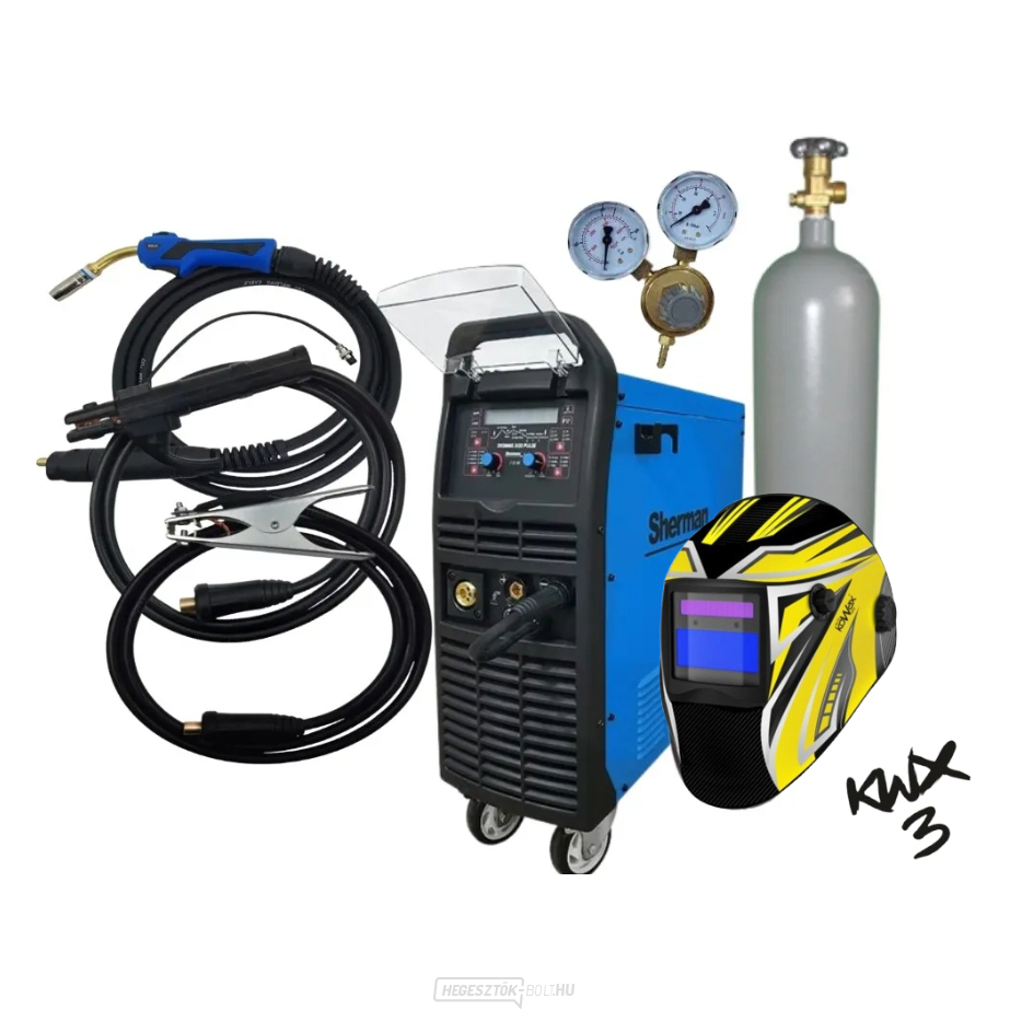 Sherman Synergic inverteres hegesztő DIGIMIG 300 Pulse + MIG pisztollyal 25/4m + Kábelek + Hegesztősisak + teli CO2 palack