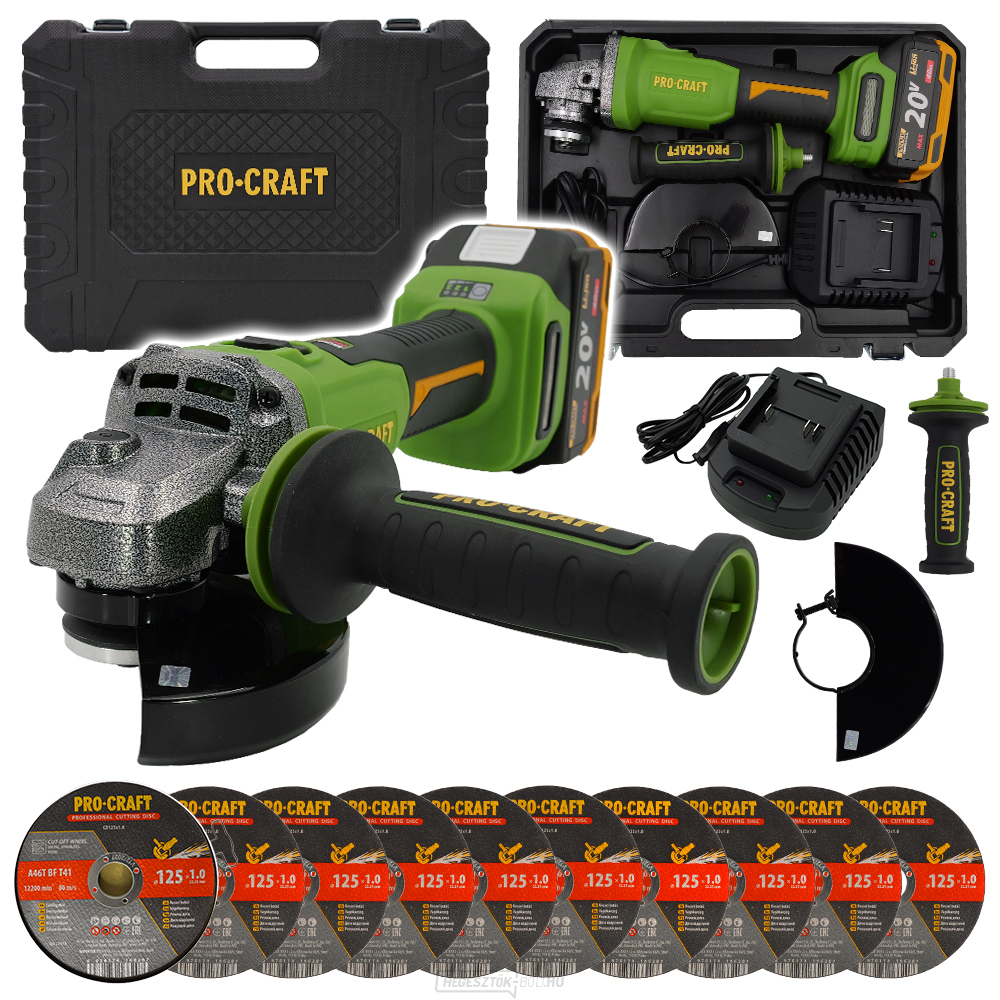 Akkus sarokcsiszoló Procraft PWA220 + 10x CD125x1.0 | SPWA220/CD125x1.0b vágókorong
