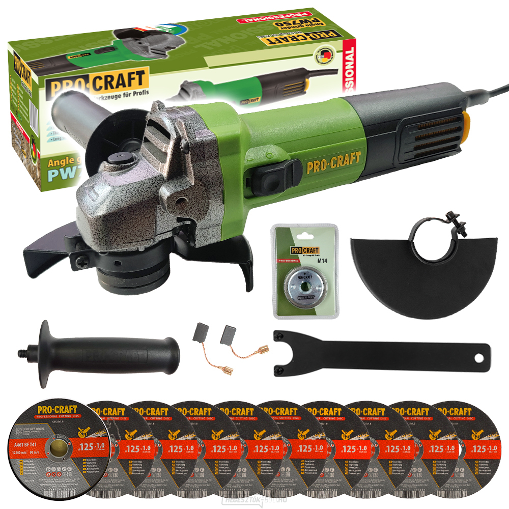 Sarokcsiszoló Procraft PW750 + gyorskioldó anya RM14, 10x vágókorong CD125x1.0b fémdobozban | SPW750/CD125x1.0b/RM14