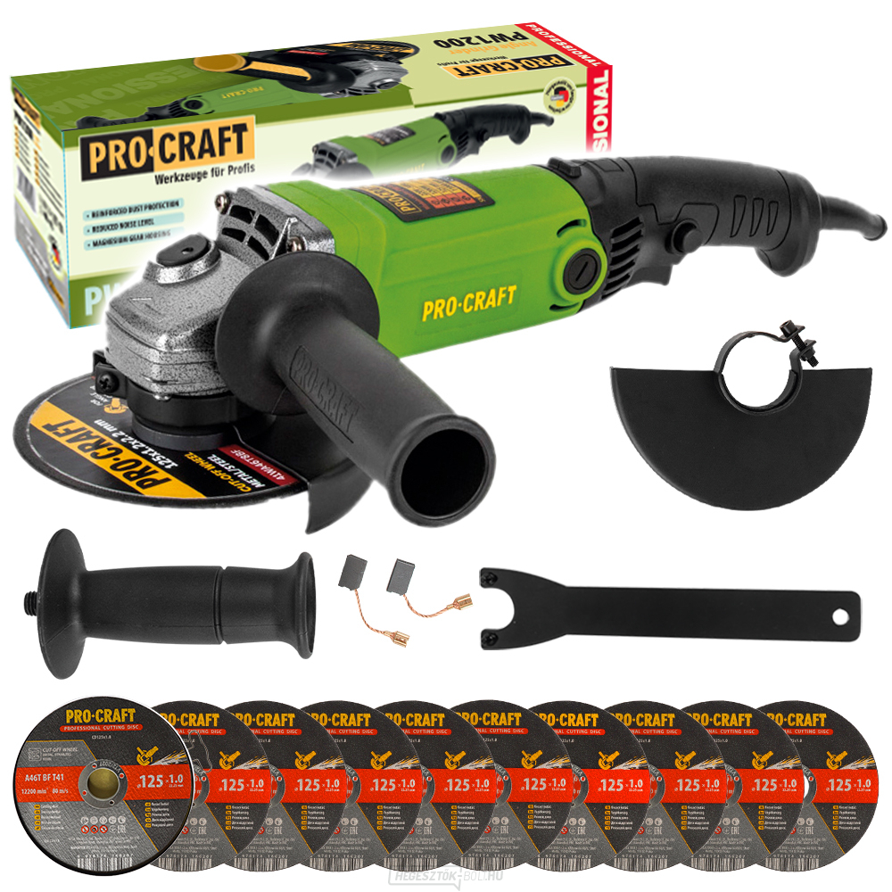 Sarokcsiszoló Procraft PW1200 + 10x vágókorong CD125x1.0b fémdobozban | SPW1200/CD125x1.0b