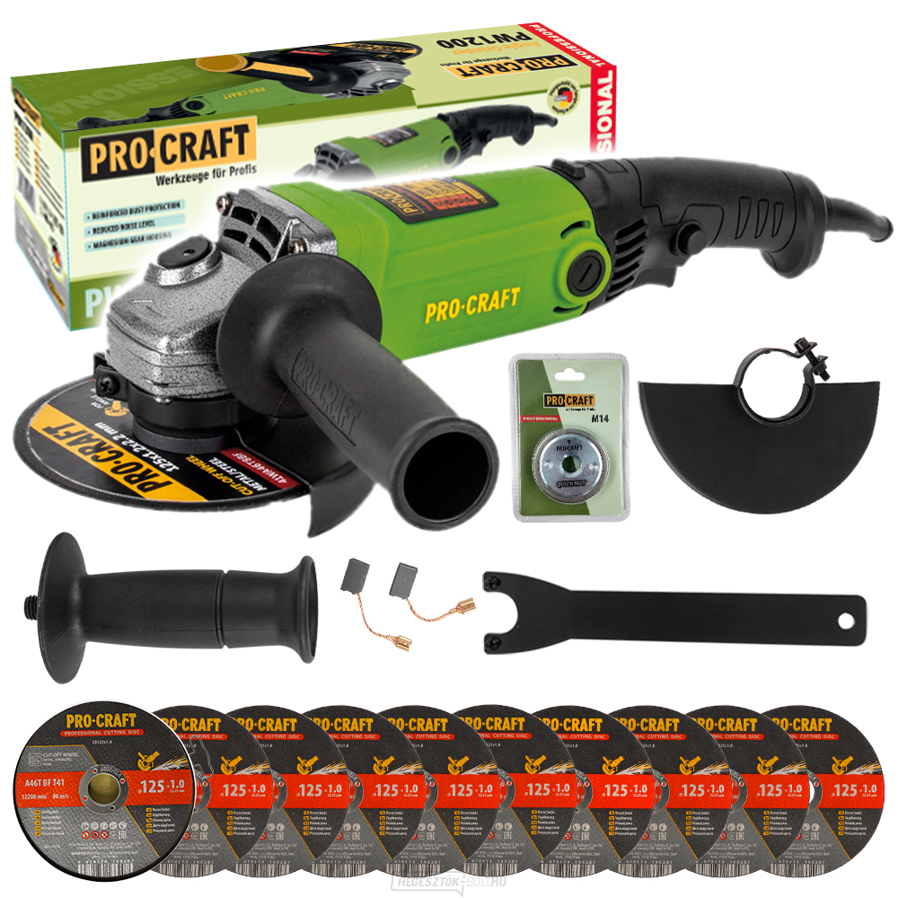 Sarokcsiszoló Procraft PW1200 + gyorskioldó anya RM14, 10x vágókorong CD125x1.0b fémdobozban | SPW1200/CD125x1.0b/RM14
