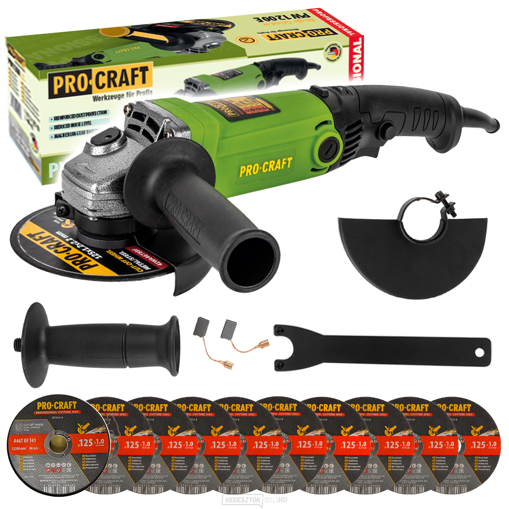Sarokcsiszoló Procraft PW1200E + 10x vágókorong CD125x1.0b fémdobozban | SPW1200E/CD125x1.0b