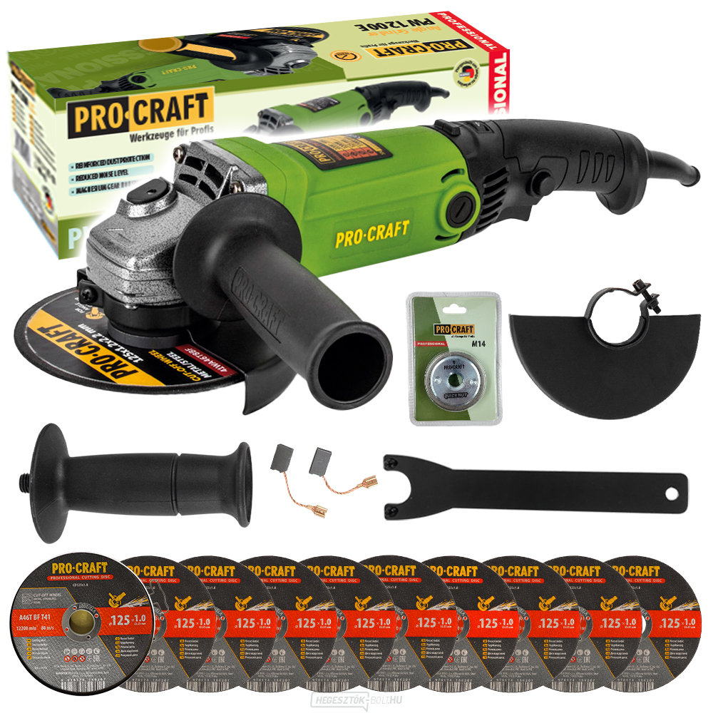 Sarokcsiszoló Procraft PW1200E + gyorskioldó anya RM14, 10x vágókorong CD125x1.0b dobozban | SPW1200E/CD125x1.0b/RM14