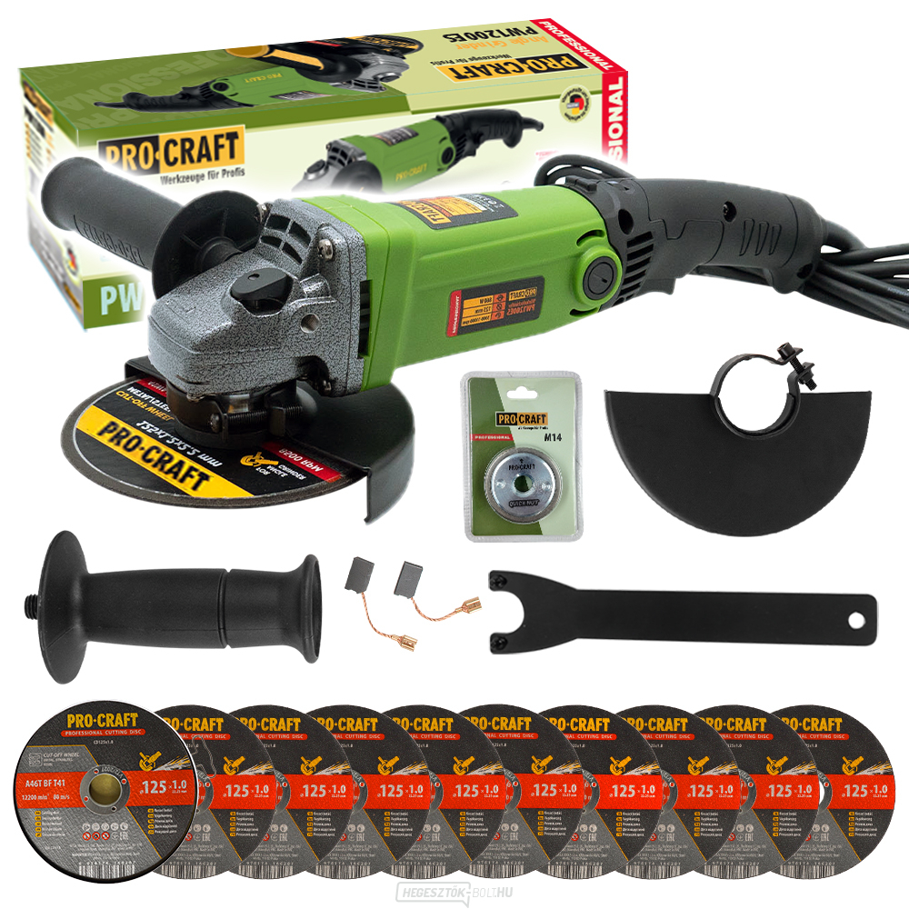 Sarokcsiszoló Procraft PW1200ES + gyorskioldó anya RM14, 10x vágókorong CD125x1.0b dobozban | SPW1200ES/CD125x1.0b/RM14