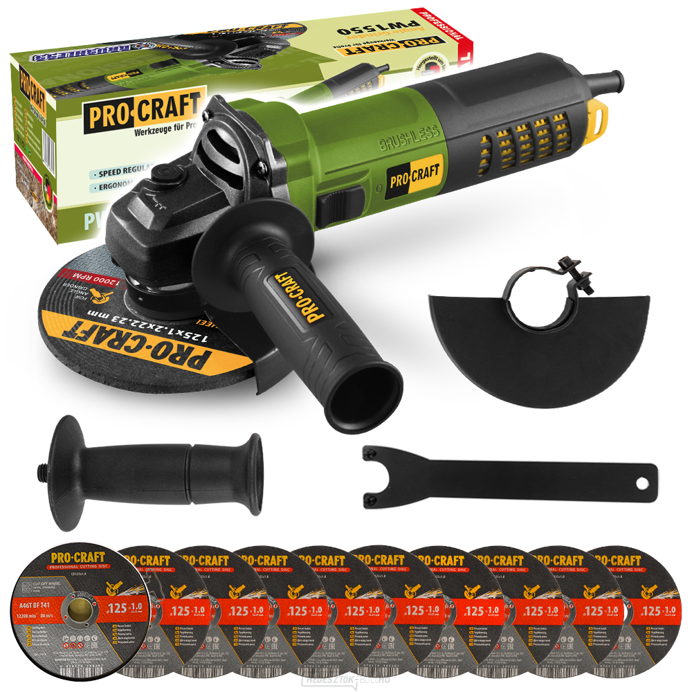 Sarokcsiszoló Procraft PW1550 + 10x vágókorong CD125x1.0b fémdobozban | SPW1550/CD125x1.0b