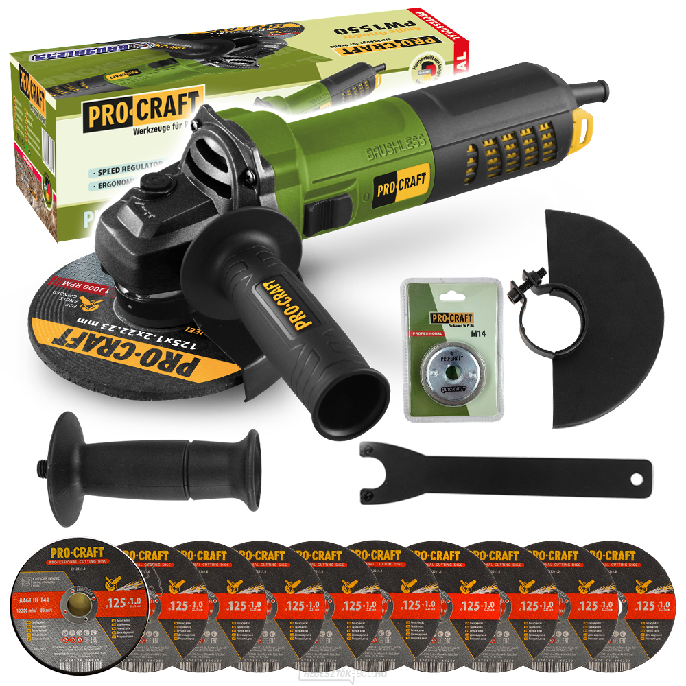Procraft sarokcsiszoló PW1550 + gyorskioldó anya RM14, 10x vágókorong CD125x1.0b dobozban | SPW1550/CD125x1.0b/RM14