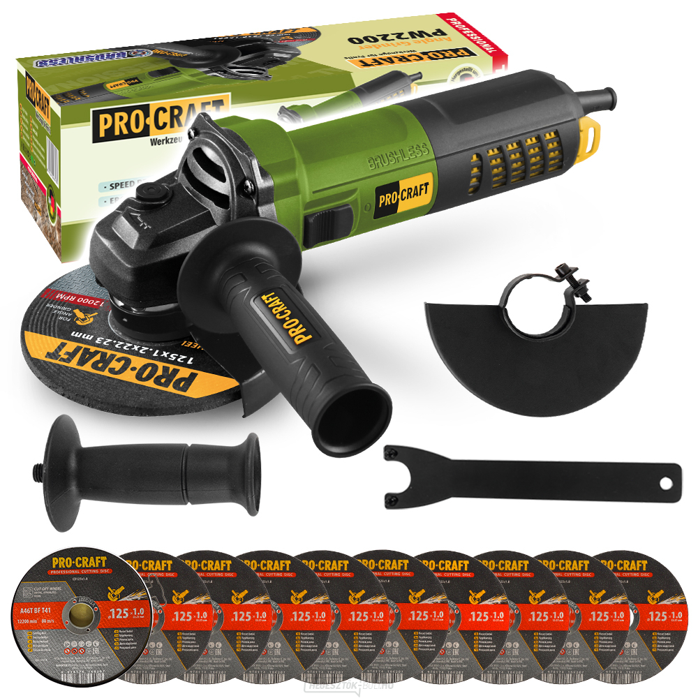 Sarokcsiszoló Procraft PW2200 + 10x vágókorong CD125x1.0b fémdobozban | SPW2200/CD125x1.0b