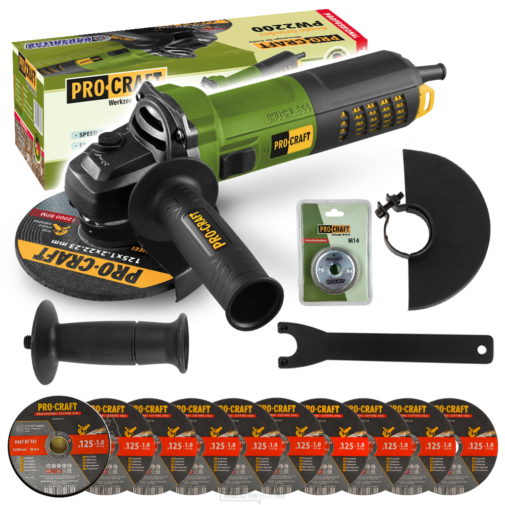 Sarokcsiszoló Procraft PW2200 + gyorskioldó anya RM14, 10x vágókorong CD125x1.0b dobozban | SPW2200/CD125x1.0b/RM14