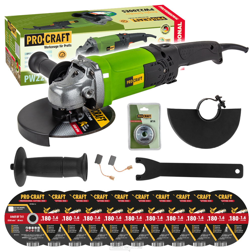 Procraft sarokcsiszoló PW2200ES + gyorskioldó anya RM14, 10x vágókorong CD180x1.6 | SPW2200ES/CD180x1.6/RM14