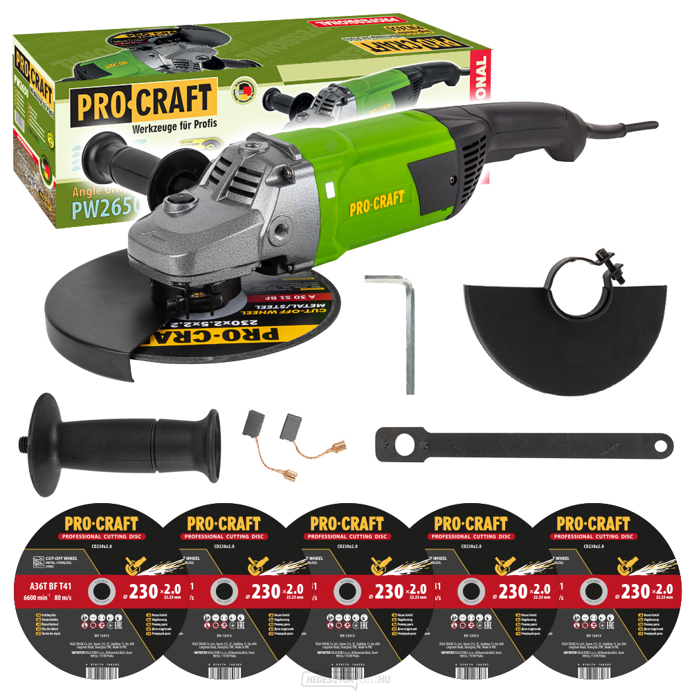 Sarokcsiszoló Procraft PW2650 + 5x vágókorong CD230x2.0 | SPW2650/CD230x2.0