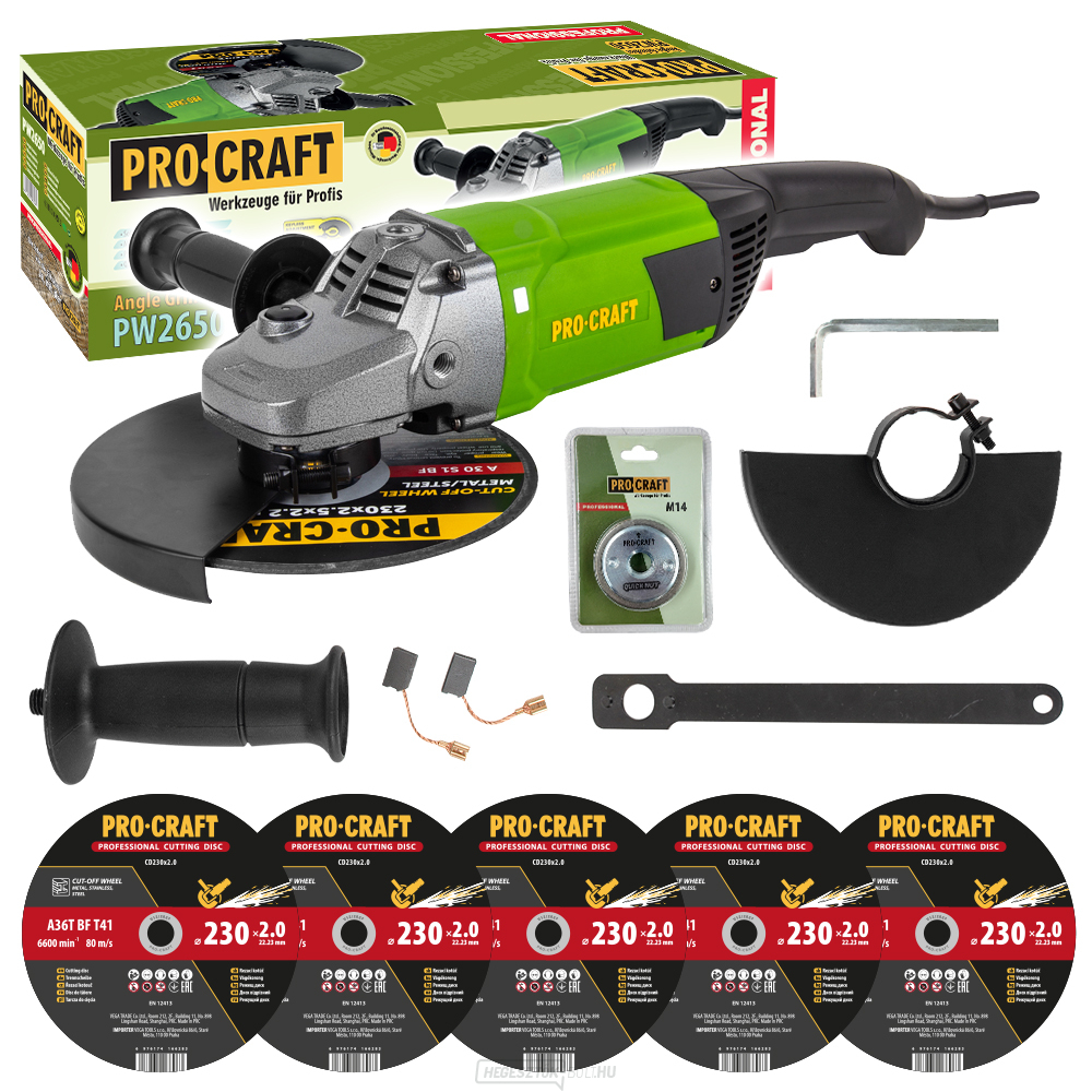 Procraft sarokcsiszoló PW2650 + gyorskioldó anya RM14, 5x vágókorong CD230x2.0 | SPW2650/CD230x2.0/RM14