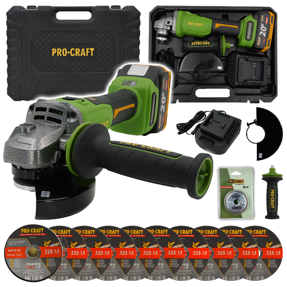 Akkus sarokcsiszoló Procraft PWA220 + gyorszáras anya, 10 db CD125x1.0 vágókorong | SPWA220/CD125x1.0b/RM14