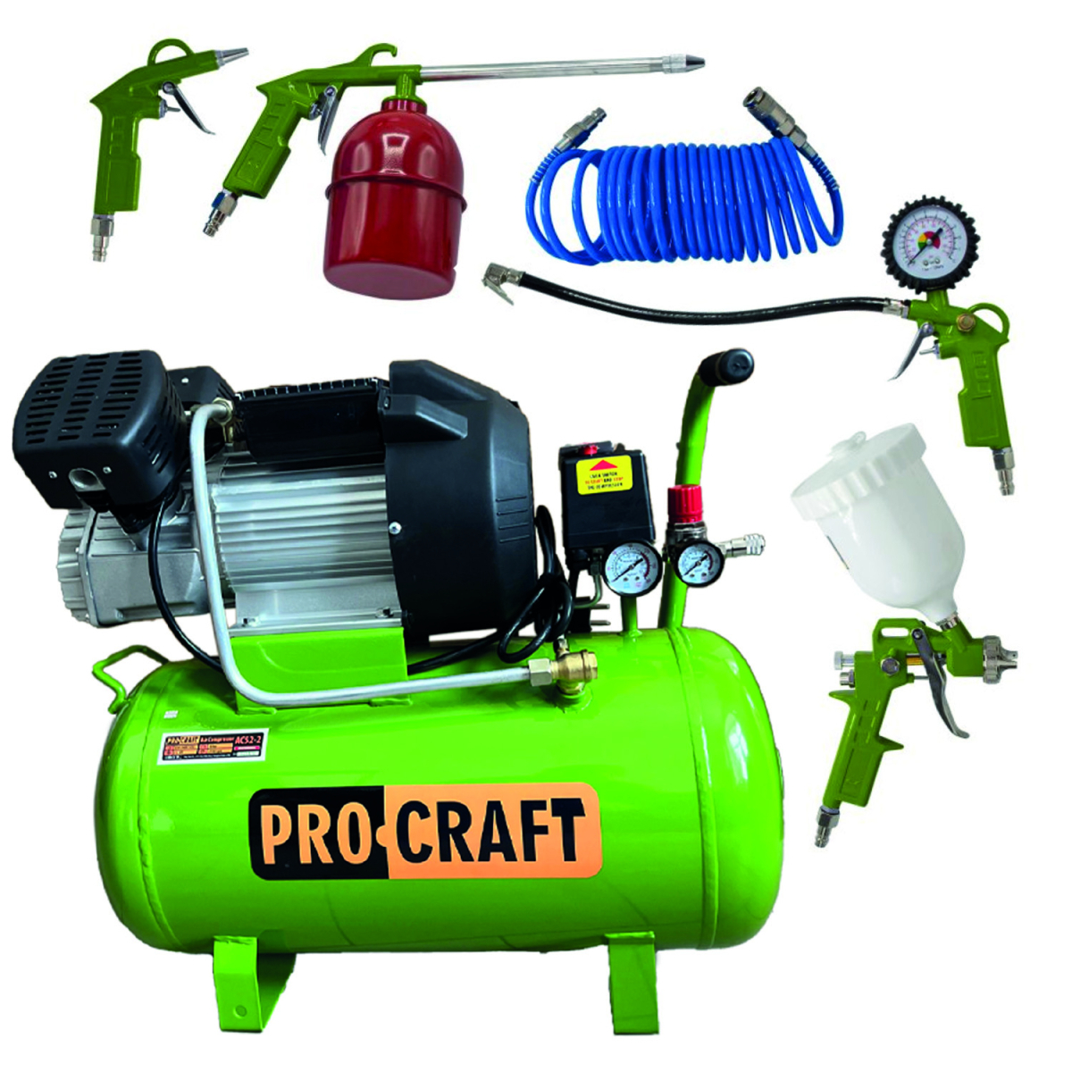 Procraft AC52-2 kompresszor és kompresszor tartozékkészlet 5 darabos | SAC52-2/KIT-5C