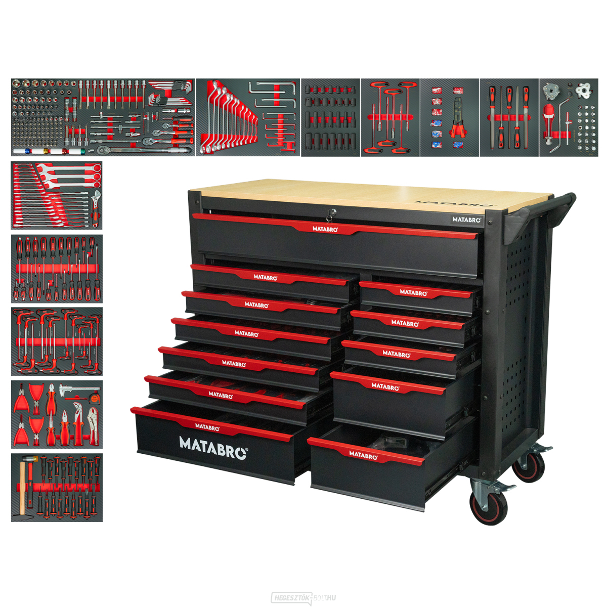 Műhelykocsi szerszámokkal | 12 fiók | Piros Matabro MB-TC05 | 542 db