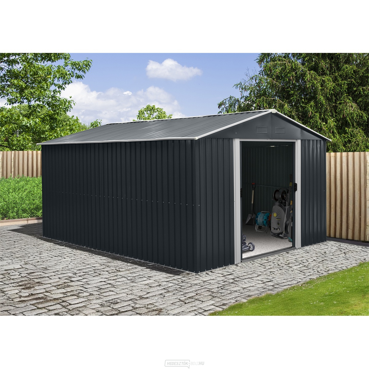 Riwall PRO RMSA 12x10 antracit fém kerti ház 3 x 3,7 m antracit nyeregtetővel
