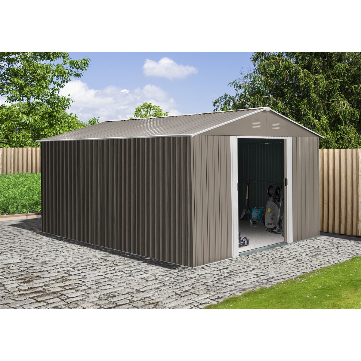 Riwall PRO RMSA 12x10 Barna fém kerti ház 3 x 3,7 m nyeregtetős barna
