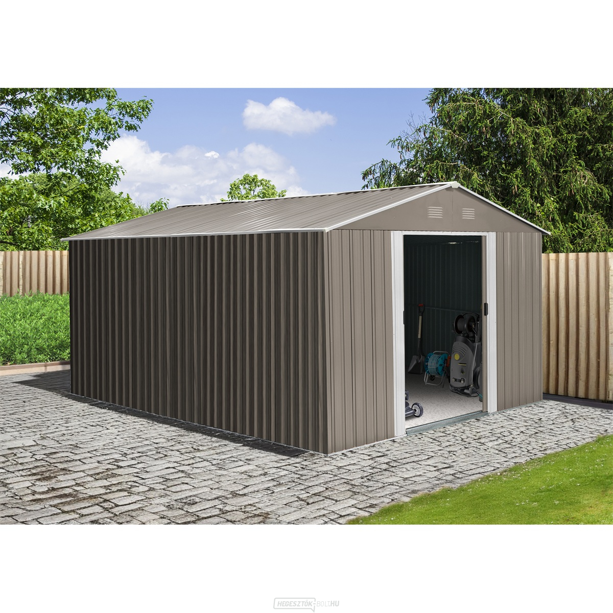 Riwall PRO RMSA 12x10 Barna fém kerti ház 3 x 3,7 m nyeregtetős barna