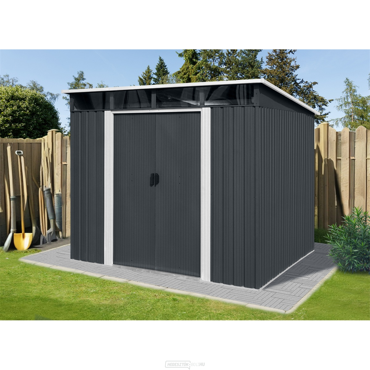 Riwall PRO RMSP 9x8 Antracit LUX fém kerti ház 2,4 x 2,8 m antracit tetővel