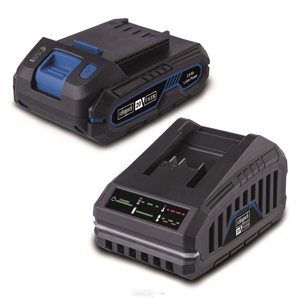 Scheppach SBSK2.0 20 V-os töltőkészlet 2,4 A és lítium-ion akkumulátor 2 Ah