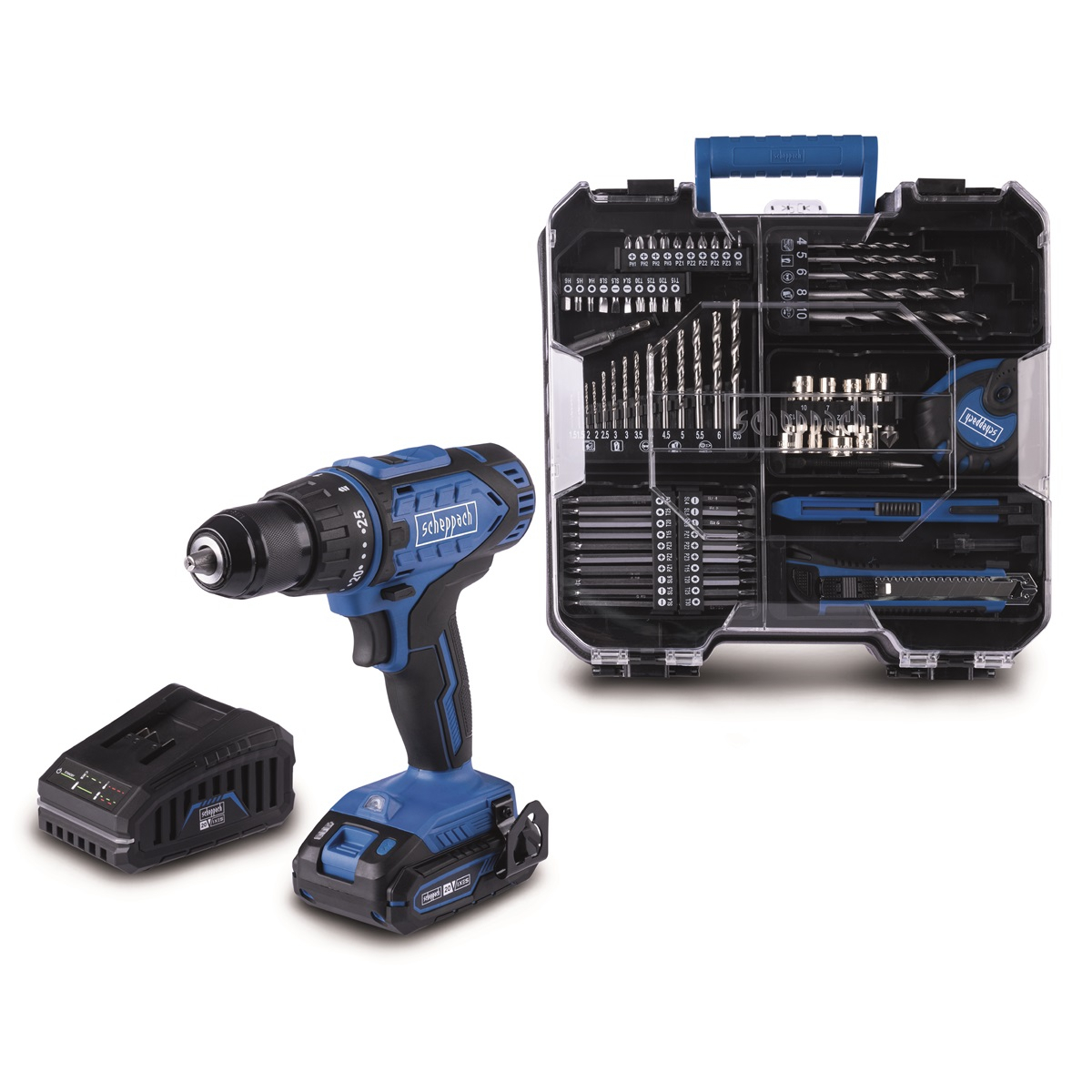 Scheppach C-DTB74/1-X akkus 20 V-os fúrócsavarhúzó készlet és tartozékok