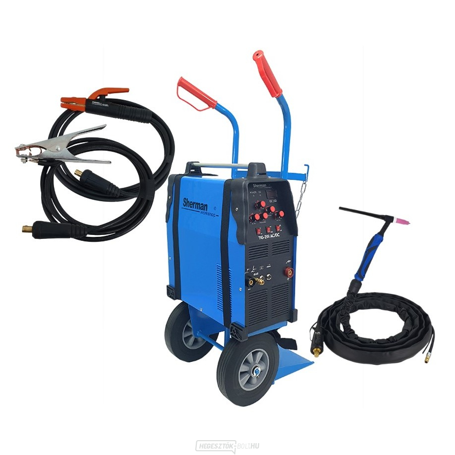 Sherman hegesztő inverter Tig TIG 201 AC/DC + pisztoly + vezetékek + kocsi polccal
