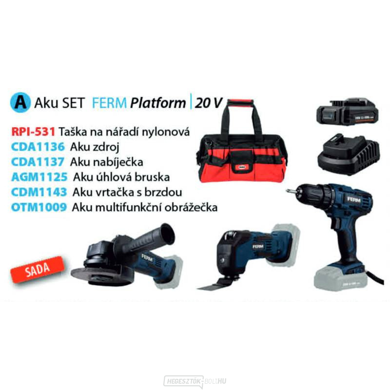 Ferm akkus szerszámkészlet A, RPI-531 táska, AGM1125 sarokcsiszoló, CDM1143 fúrócsavar, OTM1009 oszcilláló köszörű, tápegység  Ferm akkus szerszámkészlet A, RPI-531 táska, AGM1125 sarokcsiszoló, CDM1143 fúrócsavar, OTM1009 oszcilláló köszörű, tápegység  gallery main image