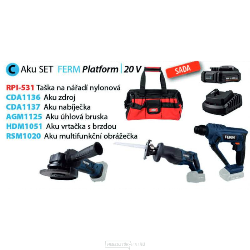 Ferm akkus szerszámkészlet C, RPI-531 táska, AGM1125 sarokcsiszoló, HDM1051 bontókalapács, RSM1020 dugattyús fűrész, áramforrás 2,0 Ah  Ferm akkus szerszámkészlet C, RPI-531 táska, AGM1125 sarokcsiszoló, HDM1051 bontókalapács, RSM1020 dugattyús fűrész, áramforrás 2,0 Ah  gallery main image