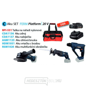 Ferm akkus szerszámkészlet C, RPI-531 táska, AGM1125 sarokcsiszoló, HDM1051 bontókalapács, RSM1020 dugattyús fűrész, áramforrás 2,0 Ah  Ferm akkus szerszámkészlet C, RPI-531 táska, AGM1125 sarokcsiszoló, HDM1051 bontókalapács, RSM1020 dugattyús fűrész, áramforrás 2,0 Ah  gallery main image