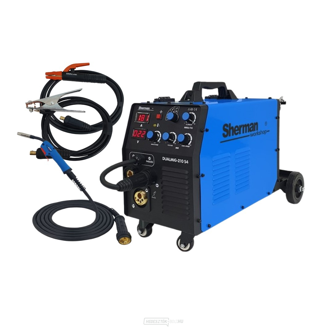 Sherman inverteres hegesztő DUALMIG 210 S4 kerekekkel és palackpolccal + zseblámpa + kábelek