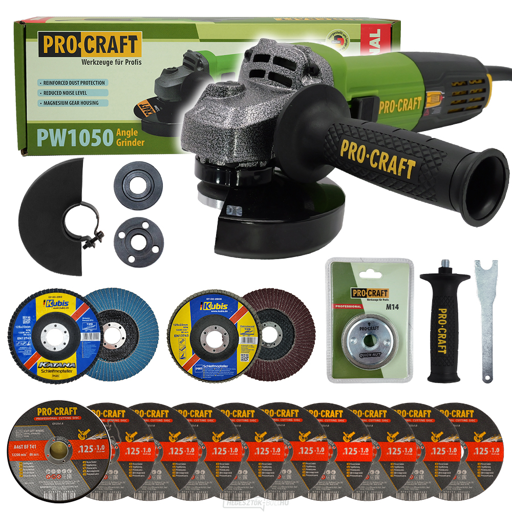 Procraft PW1050 sarokcsiszoló + gyorszáras anya, 10x vágókorong, 2x lamellás csiszolókorong | SPW1050/RM14