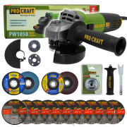 Procraft PW1050 sarokcsiszoló + gyorszáras anya, 10x vágókorong, 2x lamellás csiszolókorong | SPW1050/RM14 Procraft PW1050 sarokcsiszoló + gyorszáras anya, 10x vágókorong, 2x lamellás csiszolókorong | SPW1050/RM14 gallery main image