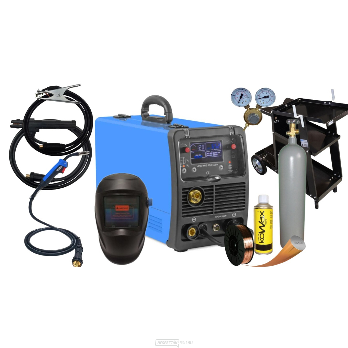 Makin Mig 200 LCD + 4m-es zseblámpa + sisak + teli palack + kocsi + szelep + vezeték + elválasztó. spray + kábelek 