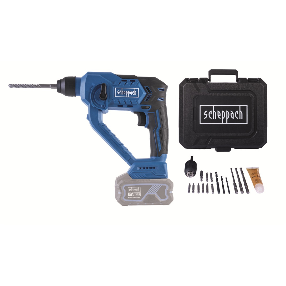Scheppach C-RHD130-X akkus 20 V-os IXES SDS Plus 3 az 1-ben fúrókalapács kalapáccsal, táskával és tartozékokkal (akkumulátor és töltő nélkül)