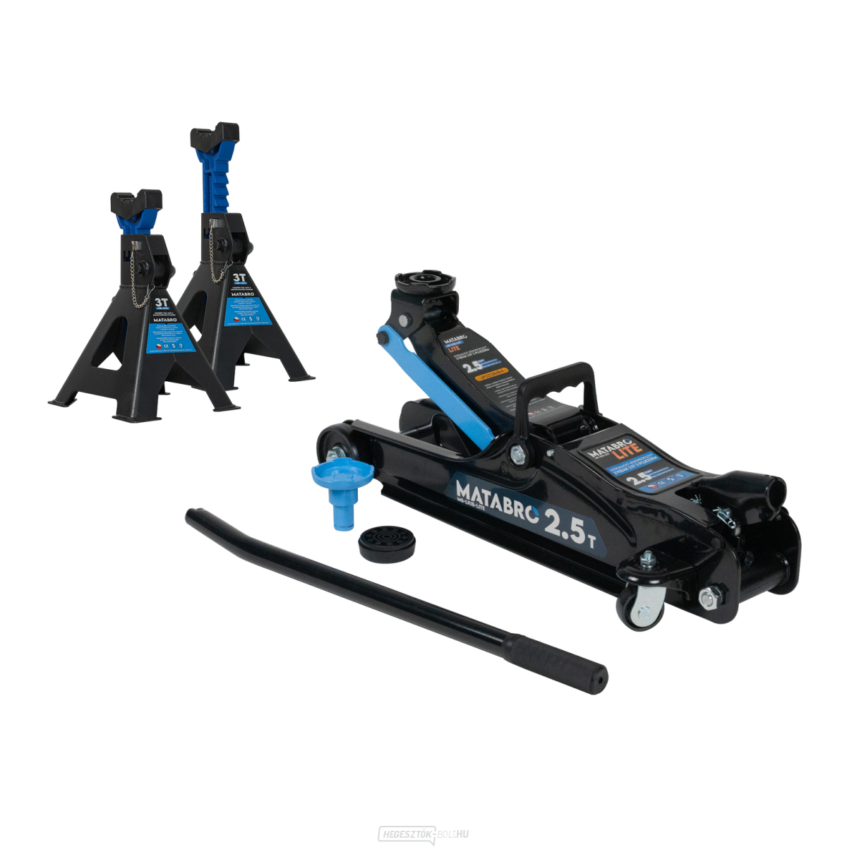 PROMÓCIÓS KÉSZLET Hidraulikus, alacsony profilú emelő 2,5 tonnás, MB-LPJB-LITE, 3 tonnás támasztékokkal, MB-JS3T