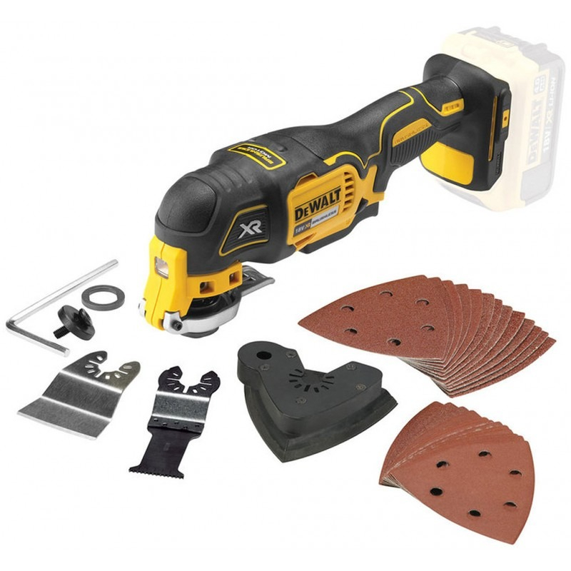 DeWALT DCS355N akkus oszcilláló csiszoló (18V/akkumulátor nélkül) + 29 darabos tartozékkészlet