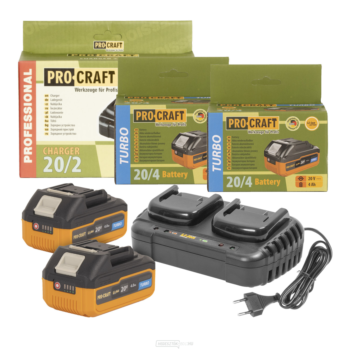 Két darab 20 V-os 4 Ah-s Procraft 20/4 Turbo akkumulátor és töltő két 20/2-es akkumulátorhoz | S20-4TURBO/20-2