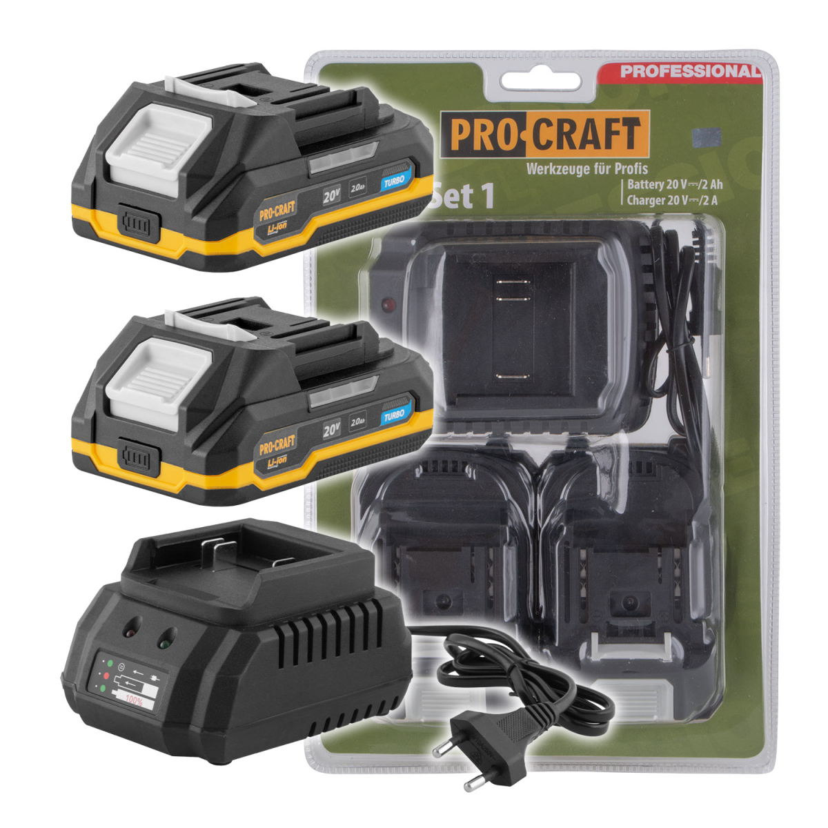 Akkumulátorkészlet 20V 2Ah (2 db) + 1 töltő Procraft PBC-Set 1 | PBC-Set 1
