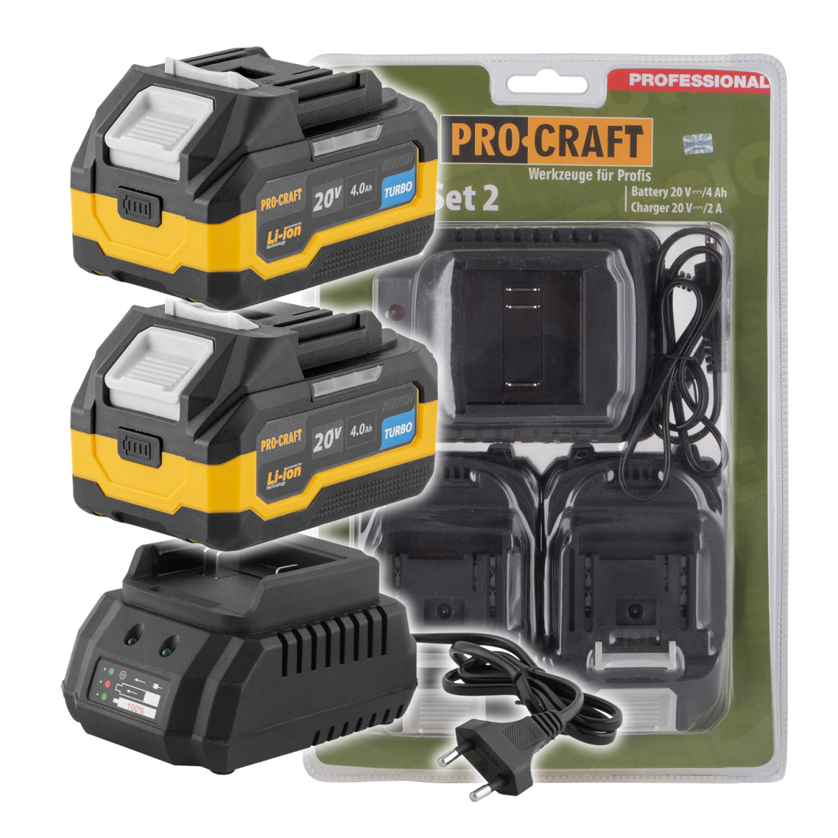 Akkumulátorkészlet 20V 4Ah (2 db) + 1 töltő Procraft PBC-Set 2 | PBC-Set 2