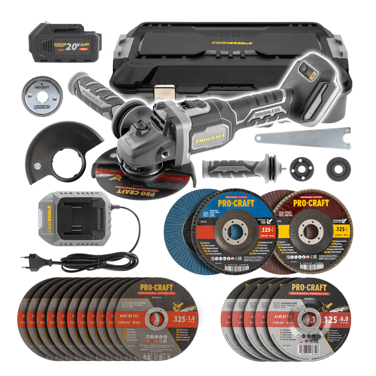 Procraft AG125B akkus sarokcsiszoló + 10x vágókorong, 4x lamellás korong, 5x csiszolókorong, gyorszáras anya | SAG125B-CD