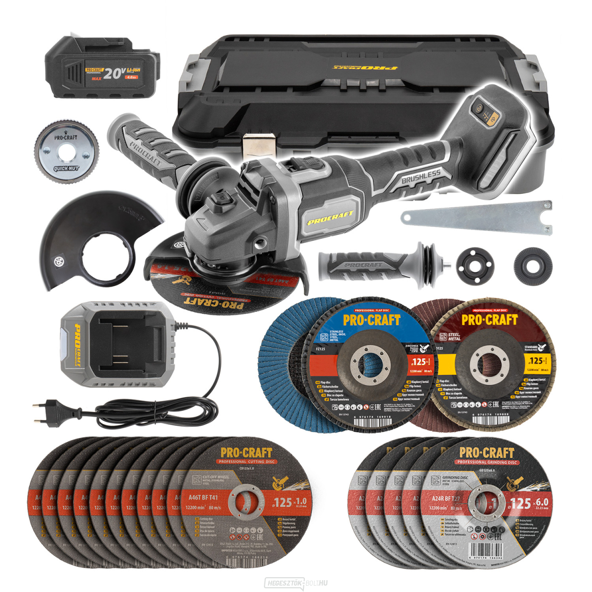 Procraft AG125B akkus sarokcsiszoló + 10x vágókorong, 4x lamellás korong, 5x csiszolókorong, gyorszáras anya | SAG125B-CD
