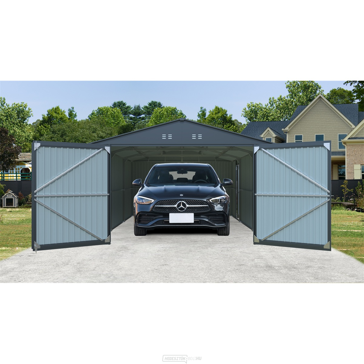 Riwall PRO RMCG 20x13 Antracit fém garázs 3,8 x 6 m nyeregtetővel Antracit